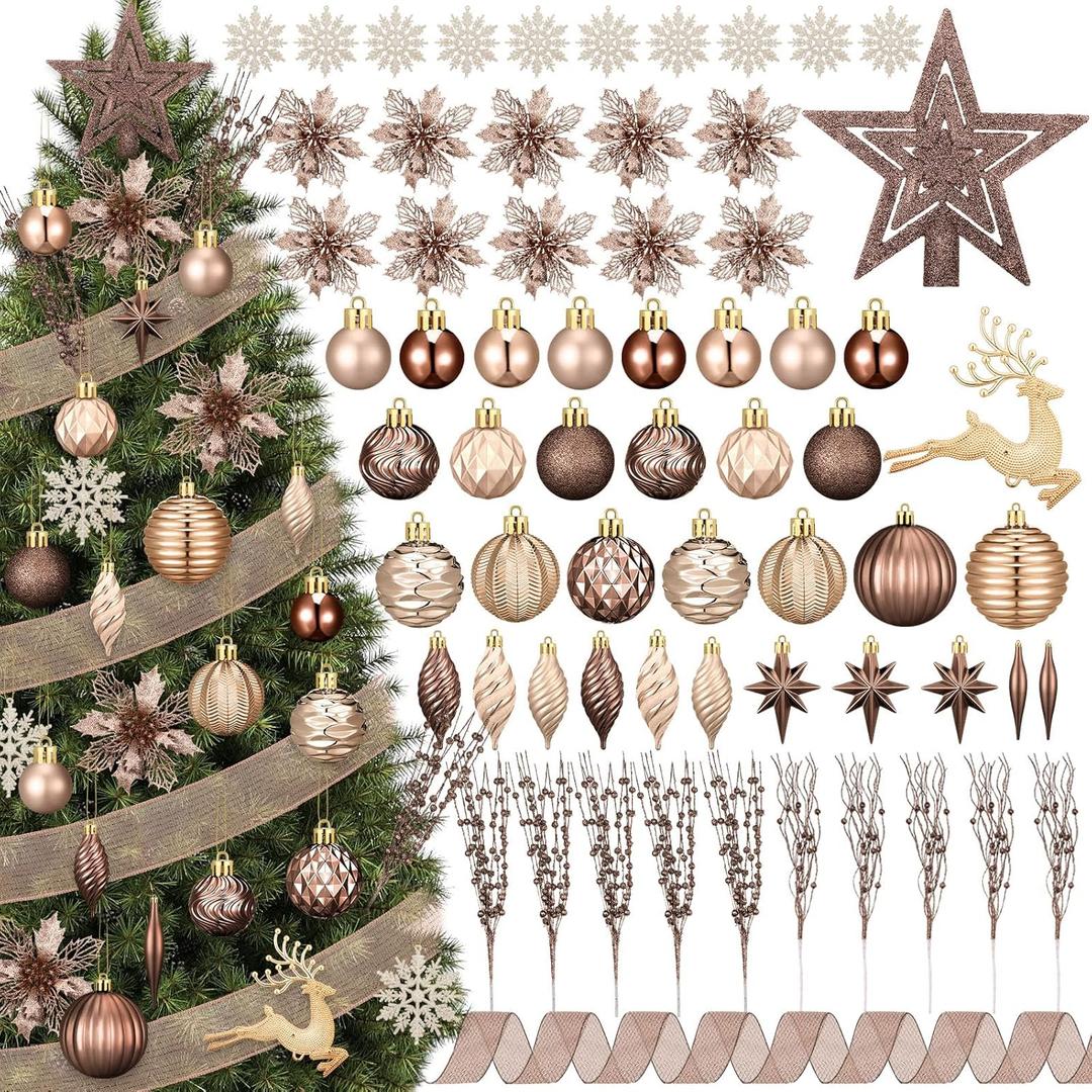 118 Pcs Christmas Tree Ornaments Set Including Ornaments Balls, Hanging Snowflakes Icicle, Mesh Ribbon, Tree Top Star, Flower, Berries Stems for Xmas Trees Holiday Decor(Brown)