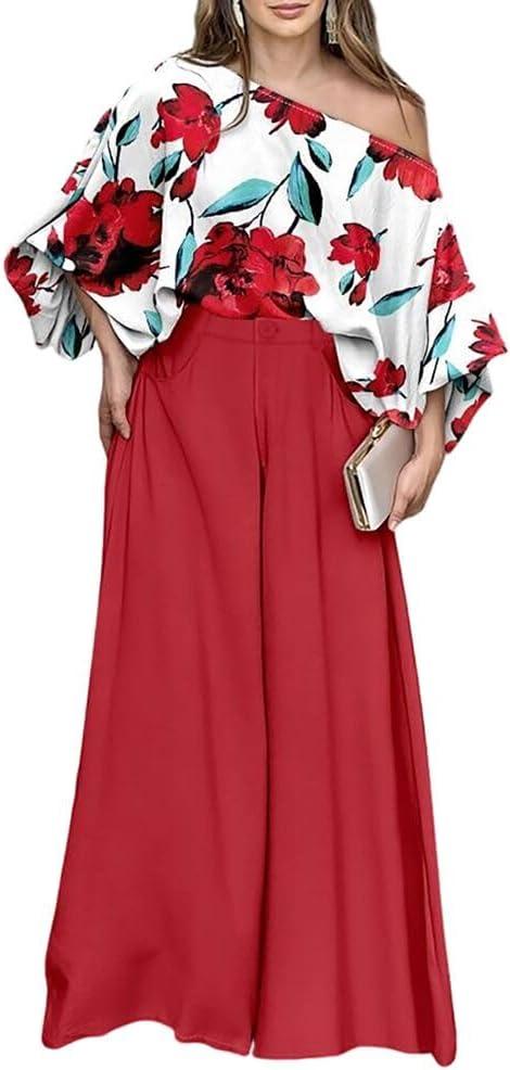 CHICME Women Summer 2 Piece Outfits Off Shoulder Top Flowy Wide Leg Pants Set Vacation Travel Airport Outfits (Red, XXL)