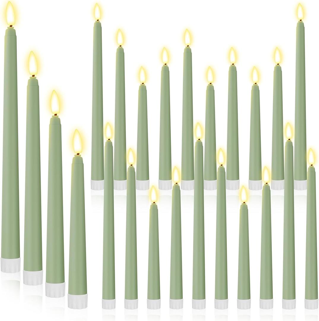 Rossesay 24 Pcs Flameless LED Taper Candles Battery Operated Candle 8.58'', 9.69'', 10.98'', 12.91'', 12.8'' Flameless Candlesticks Flickering for Halloween Christmas Church Wedding(J, Rat Tail Green)