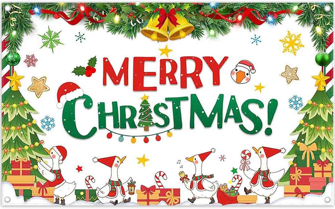 Swepuck 72x43inch Fabric Merry Christmas Backdrop Little White Goose Bell Xmas Pine Tree Snowflake Gift Photography Background Holiday Party Decorations Photo Booth Banner