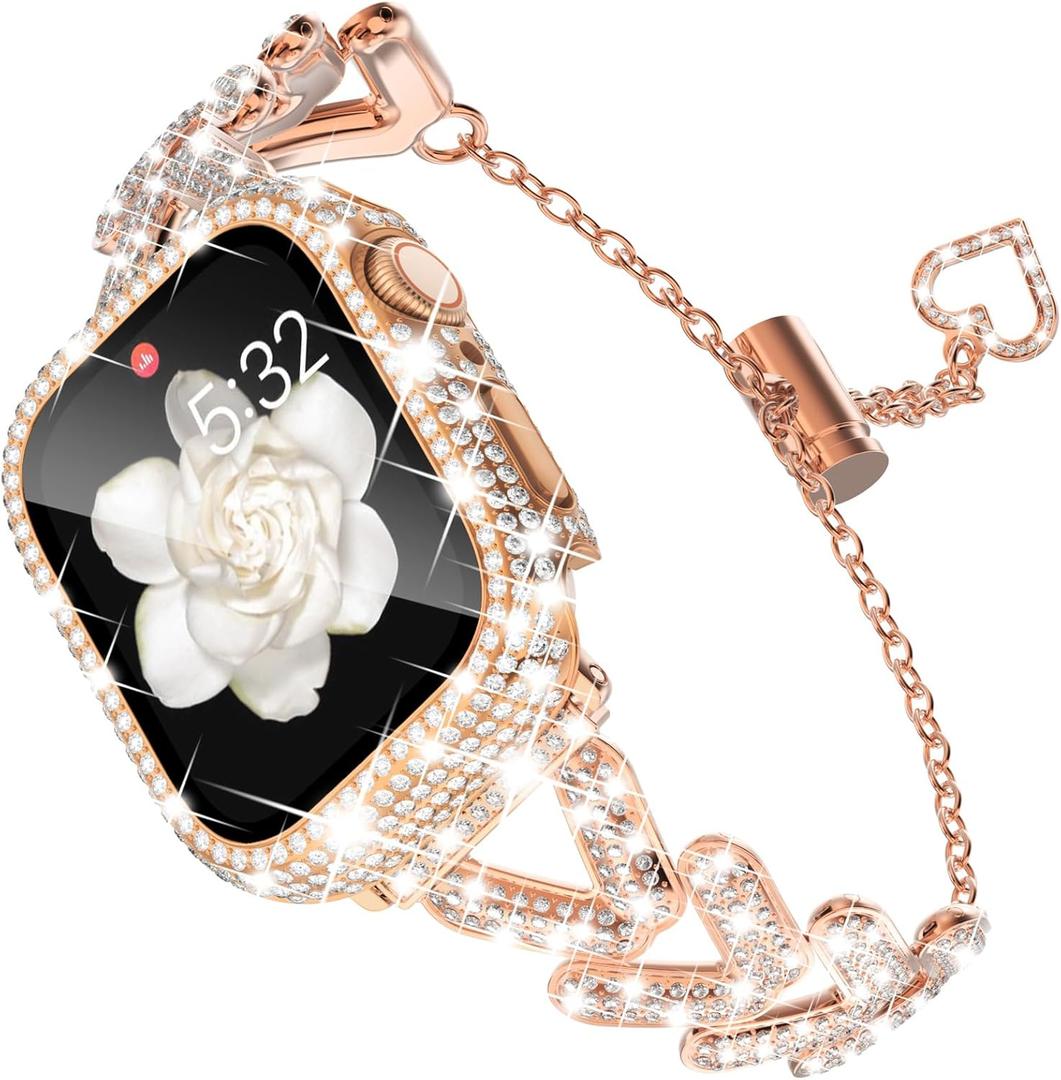 KADES Band & Case Designed for Apple Watch Series 46mm 45mm 44mm 42mm 41mm 40mm 38mm for Women, Metal Strap with Bling Rhinestone Screen Protector Cover for iWatch 10 9 8 7 6 5 4 SE SE2 3 2 1