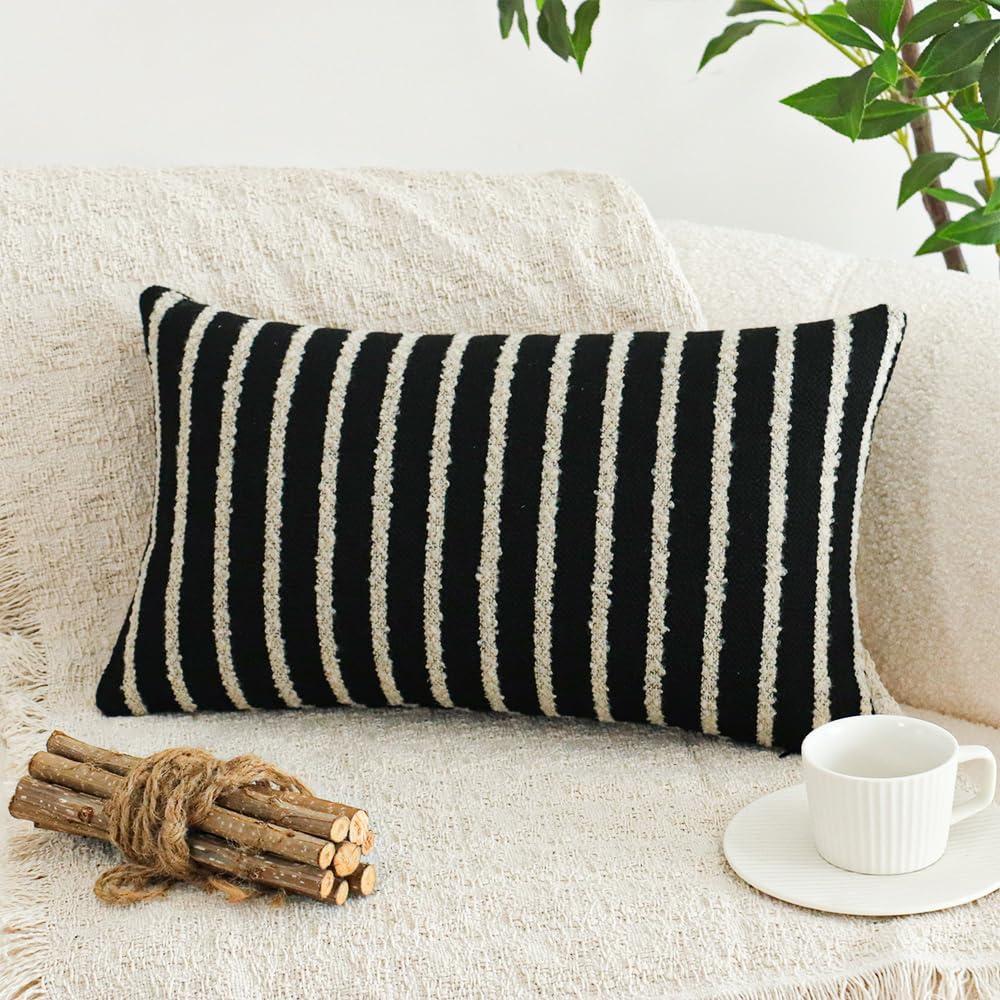 Jonhier Black Striped Lumbar Boho Throw Pillow Cover, Modern Boucle Textured Rectangle Pillowcase for Sofa Couch Bed, Neutral Farmhouse Accent Decorative Cushion Cover for Living Room, 12 x 20 inch