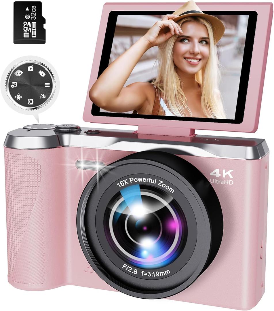 4K Digital Camera for Photography and Video, 56MP Autofocus Vlogging Camera with 3" 180 Flip Screen, 16X Zoom Compact Point and Shoot Camera for YouTube, Travel & Daily Content Creation