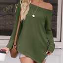 Tankaneo Womens Off The Shoulder Tops Casual Long Sleeve T Shirts Irregular Hem Split Tunics Loose Fall Blouse Shirt (Green, L)
