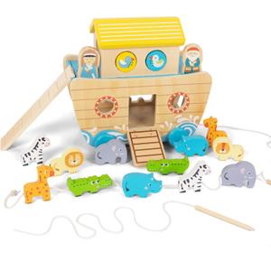 Toddlers Wooden Noah's Ark Toy Animal Playset, Shape Sorter Early Learning Montessori Toys, Baptism Gifts for 3 Boys Girls Kids