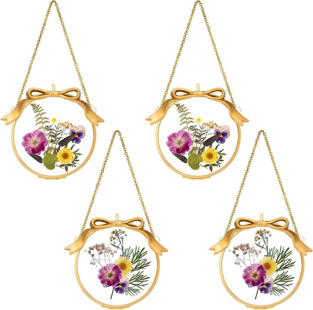 4 Pcs Double Glass Frame for Pressed Flowers with Bow Gold Glass Picture Frame for Pressed Flowers Ornate Wallet Size Tabletop and Wall Mount Decor (Round)
