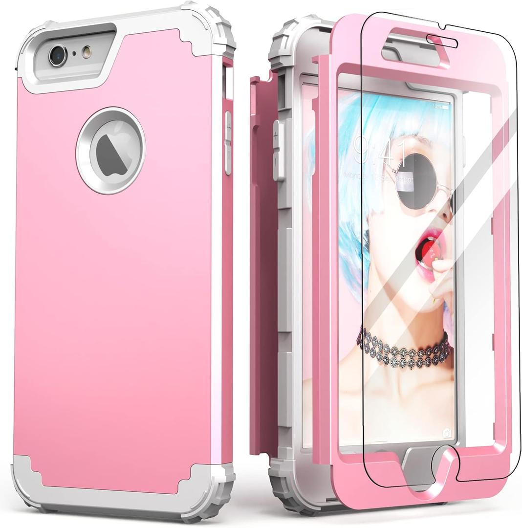 IDweel for iPhone 6S Plus Case with Screen Protector, for iPhone 6 Plus Case, 3 in 1 Shockproof Slim Hybrid Heavy Duty Hard PC Cover Soft Silicone Bumper Full Body Cover,Pink/Light Grey