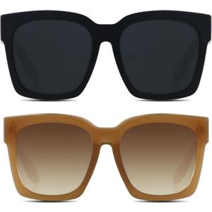ANDWOOD Oversized Sunglasses for Women Big Large Square Wide Frame Shades Retro Trendy Fashion UV Protection ((2pack) Matte Black + Brown)