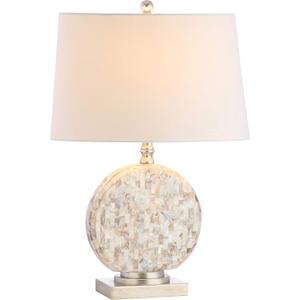 JONATHAN Y 24" Dennis Cream Mother-of-Pearl Seashell Table Lamp, Coastal Traditional Bedside Lamp for Living Room Bedroom, White Linen Drum Shade, LED Bulb Included JYL1050A