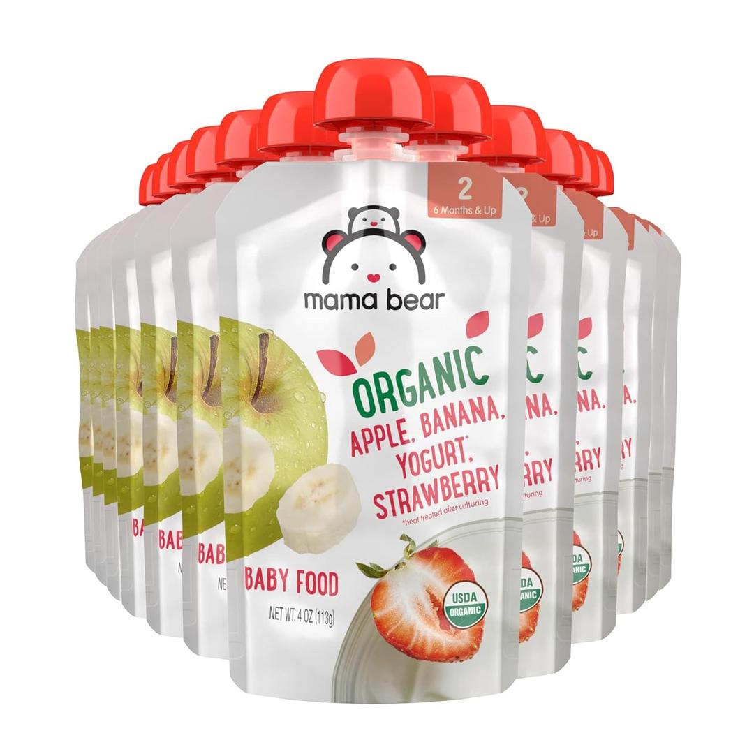 Amazon Brand - Mama Bear Organic Baby Food, Stage 2, Apple, Banana, Yogurt, Strawberry, 4 ounce (Pack of 12)