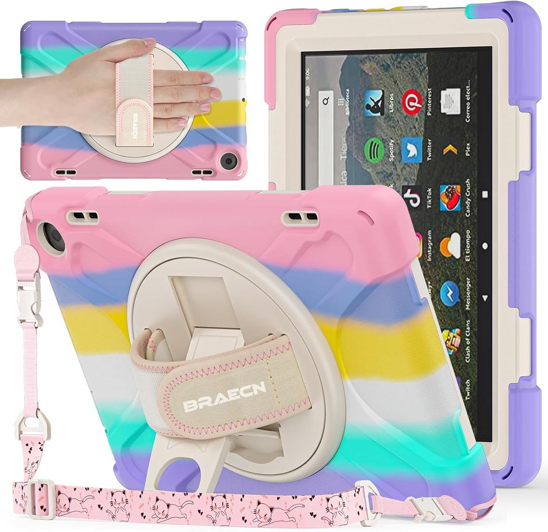 BRAECNstock Kids Case for Amazon Fire HD 8 Tablet 12th Generation 2024/2022 8 inch with Rotating Hand Strap + Stand Shouler Strap Pen Holder Shockproof Protective Kindle Fire HD 8 Case - Colorful Pink