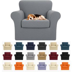 YEMYHOM Latest Checkered 2 Pieces Chair Covers for Living Room High Stretch Thickened Chair Slipcovers with Arms Anti Slip Elastic Armchair Sofa Couch Protector (Light Gray), 31"-46"(1 Cushion)