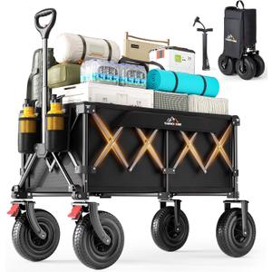Beach Wagon with 9x3 Big Rubber Wheels for Sand, 350lbs Heavy Duty 200L Collapsible Utility Wagon, Easy Transport & Storage, Ideal for Sport, Camping, All-Terrain Outdoor Activities, Black