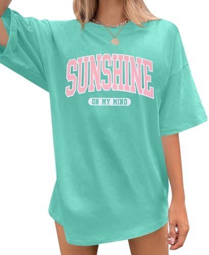 Womens Oversized Tee Shirts Vintage Sunshine Graphic Tees Hiking T-Shirts Boho Summer Short Sleeve Top Small