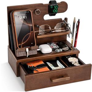 TESLYAR Wood Phone Docking Station with Drawer - Nightstand Organizer - Desk Organizer for Husband - Birthday Gifts for Men, Dad, Anniversary Idea, Key Holder Stand Watch & Accessories (Antique Brown)