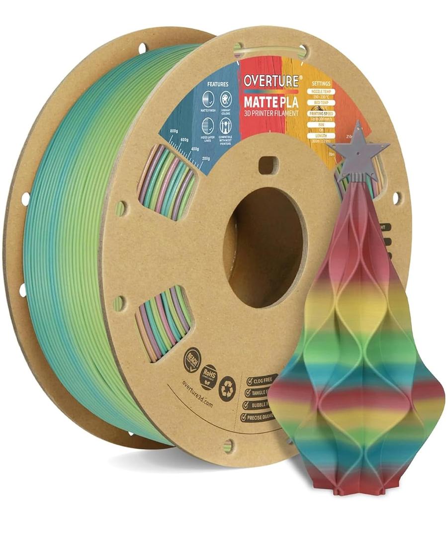 OVERTURE Matte PLA 3D Printer Filament 1.75mm, Matt Surface & Low Warping Filament 1kg Spool (2.2 lbs), Accuracy +/- 0.02 mm, Fit Most FDM Printers (Matte Rainbow)