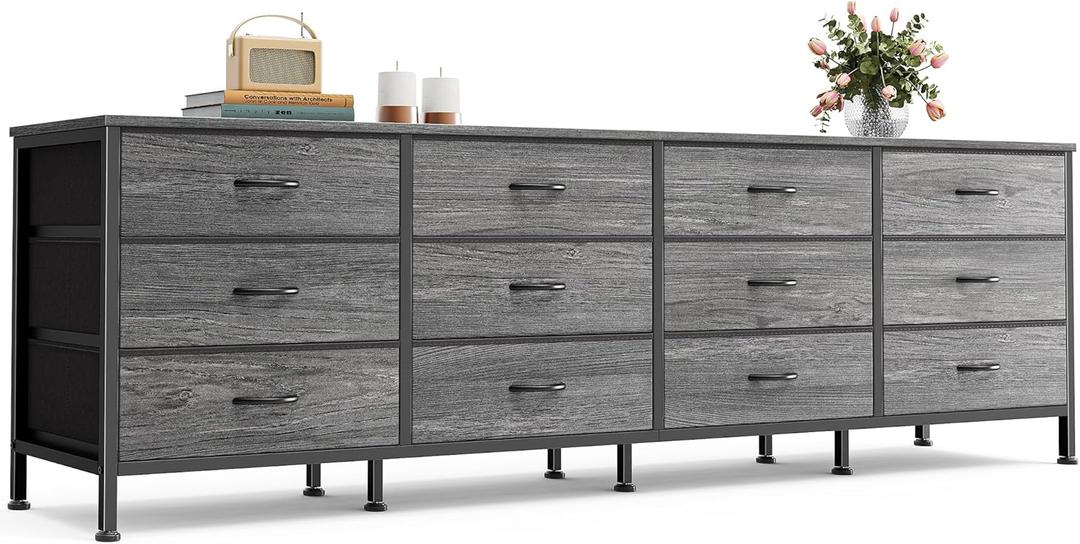 Huuger 70 Inch Dresser for Bedroom, TV Stand for 65, 75, 80 Inch TV, 12 Fabric Drawer Long Dresser, Large Storage Organizer Unit, Wide Chest of Drawer with Storage, for Living Room, Grey