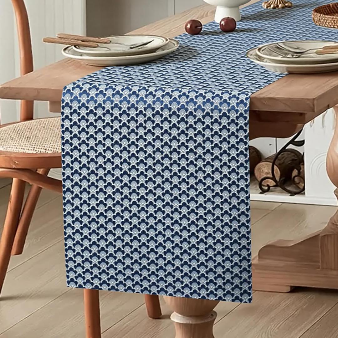 FAVE Blue Gold Table Runners Reversible Stain Table Runner for Rectangle Table Dimensional Embossed Dining Table Decor(Dual-Tone Sapphire Blue & Apricot,72x11)