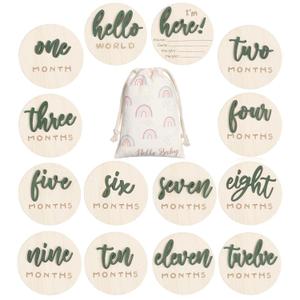 7 Pack 3D Baby Monthly Milestone Card Signs Baby Announcement Sign Double Sided Hello World Newborn Signs Wooden Circles Discs for Welcome Newborn Boy Girl Photo Props(Green, Letter)