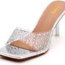 Women's Rhinestone Stiletto Sandals Elegant Square Open Toe Backless Slip-On High Heel Dress Sides Shoes with Clear Rhinestone Design for Evening Party and Wedding Events (8)