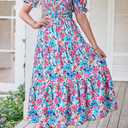 PRETTYGARDEN Women's Boho Floral Print Summer Dresses Square Neck Puff Sleeve A Line Long Dress Smocked Casual Maxi Dress (Silver, XL)