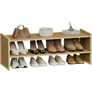 2 Tier Bamboo Shoe Rack, Extended Wood Shelf for Closet