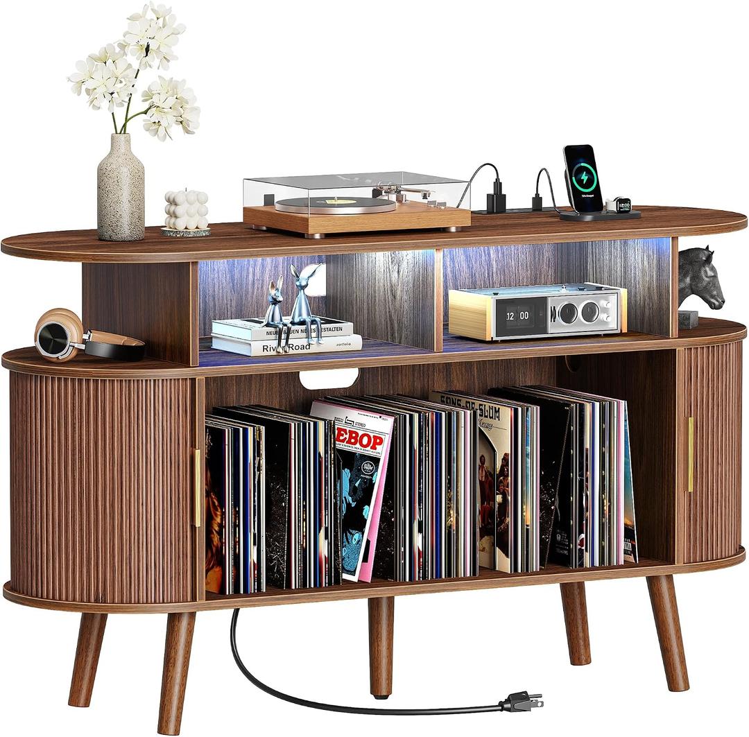 47.2 Inch Large Record Player Stand with Power Outlets & 3-Color Lights, Vinyl Record Stand with 2 Fluted Cabinets, USB-C Port, Mid Century Modern Player Stand, Open Storage, Walnut