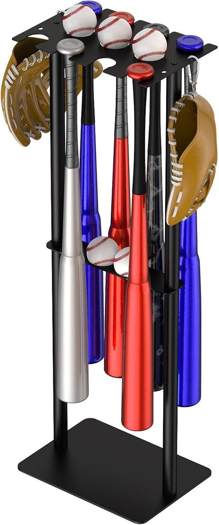 Baseball Bat Holder Display Stand, Holds 8 Bats 5 Balls 4 Gloves, Heavy Duty Metal Storage Rack for Home Garage Dugout, Black