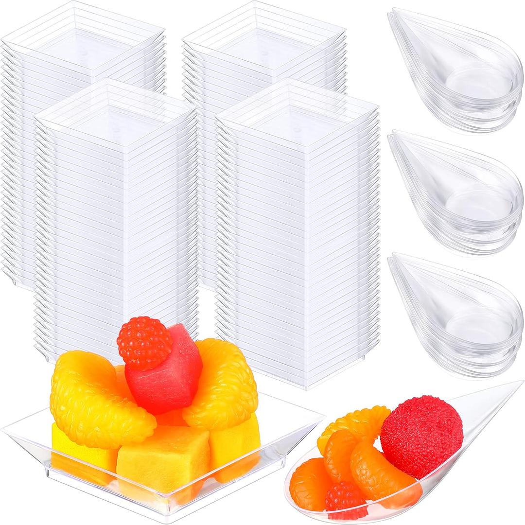 Rozer 200 Pcs Mini Appetizer Plates and Tear Drop Spoons for Weddings Party 2.5 x 2.5 Inches 4 x 2 Inches Plastic Mini Dessert Plates Disposable Appetizer Spoons (Transparent)