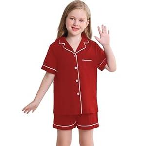Veseacky Kids Pajamas Sets 100% Cotton ButtonDown Short Sleeve 2 Piece Pajamas Set Boys Girls Pjs (Red, 130)