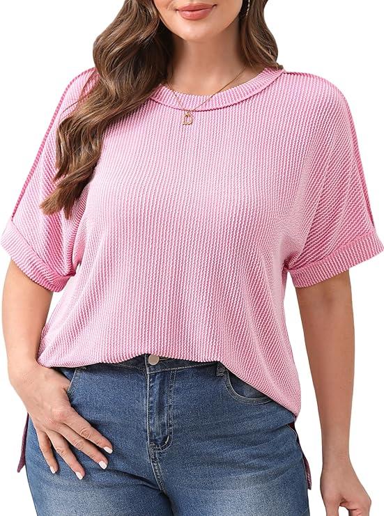 Womens Plus Size Tops Short Sleeve Shirts Ribbed High Low Hem T-Shirts Summer Trendy Crewneck Loose Tunics XL