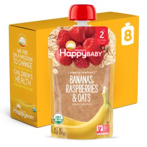 Happy Baby Organics Clearly Crafted Stage 2 Baby Food Bananas Raspberries & Oats, 4 Ounce Pouch Resealable Baby Food Pouches, Fruit & Veggie Puree, Organic Non-GMO Gluten Free Kosher (Pack of 8), Best By: 11/10/26