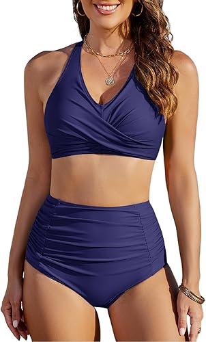 Bikini Sets for Women High Waisted Two Piece Swimsuit Ruched Tummy Control Bathing Suit V Neck Tie Back Swimwear, L