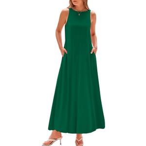 BTFBM 2025 Women Summer Vacation Dresses Sleeveless Crewneck Loose Beach Sundress Bubble Hem Tank Maxi Dress Pockets, M