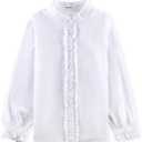 SOLOCOTE Girls White Blouse Ruffle Long Sleeve Button Down Shirts Princess Cotton Loose Soft Tops Spring and Summer 10 Y