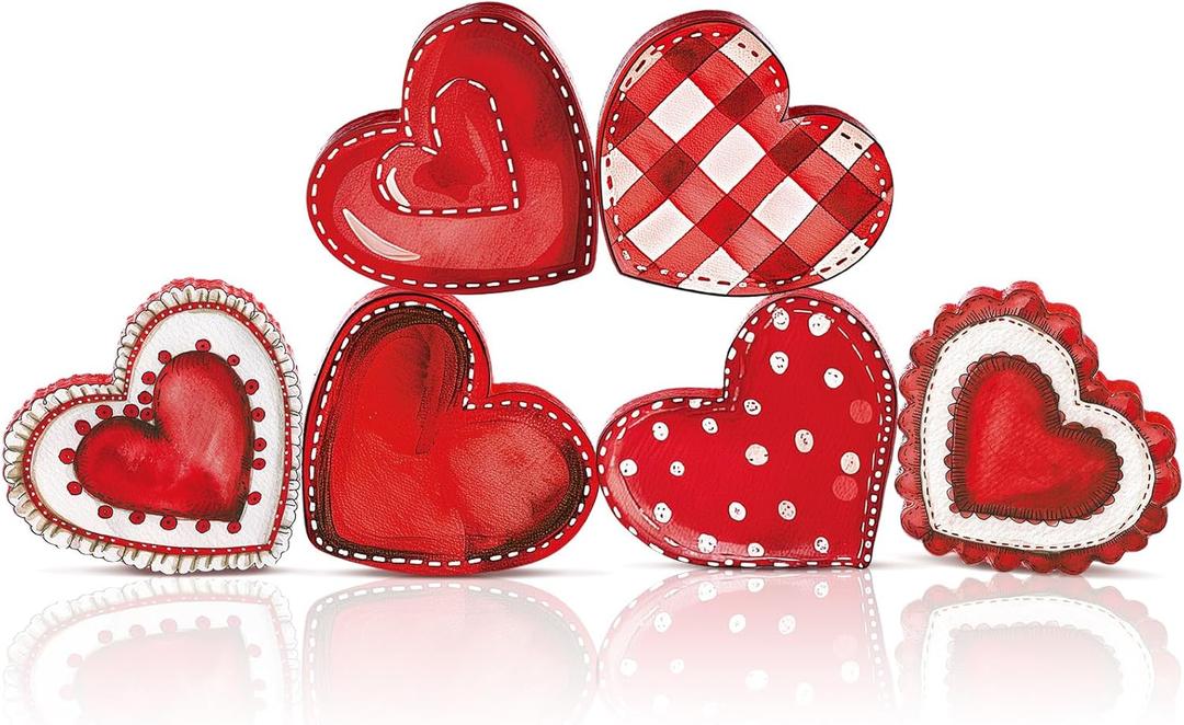 Cinnvoice 6 Pack Valentine's Day Wood Heart Sign Heart Tiered Tray Decor Wooden Valentines Decorations Red Pink Blocks for Table Weeding Anniversary Party(Classic)