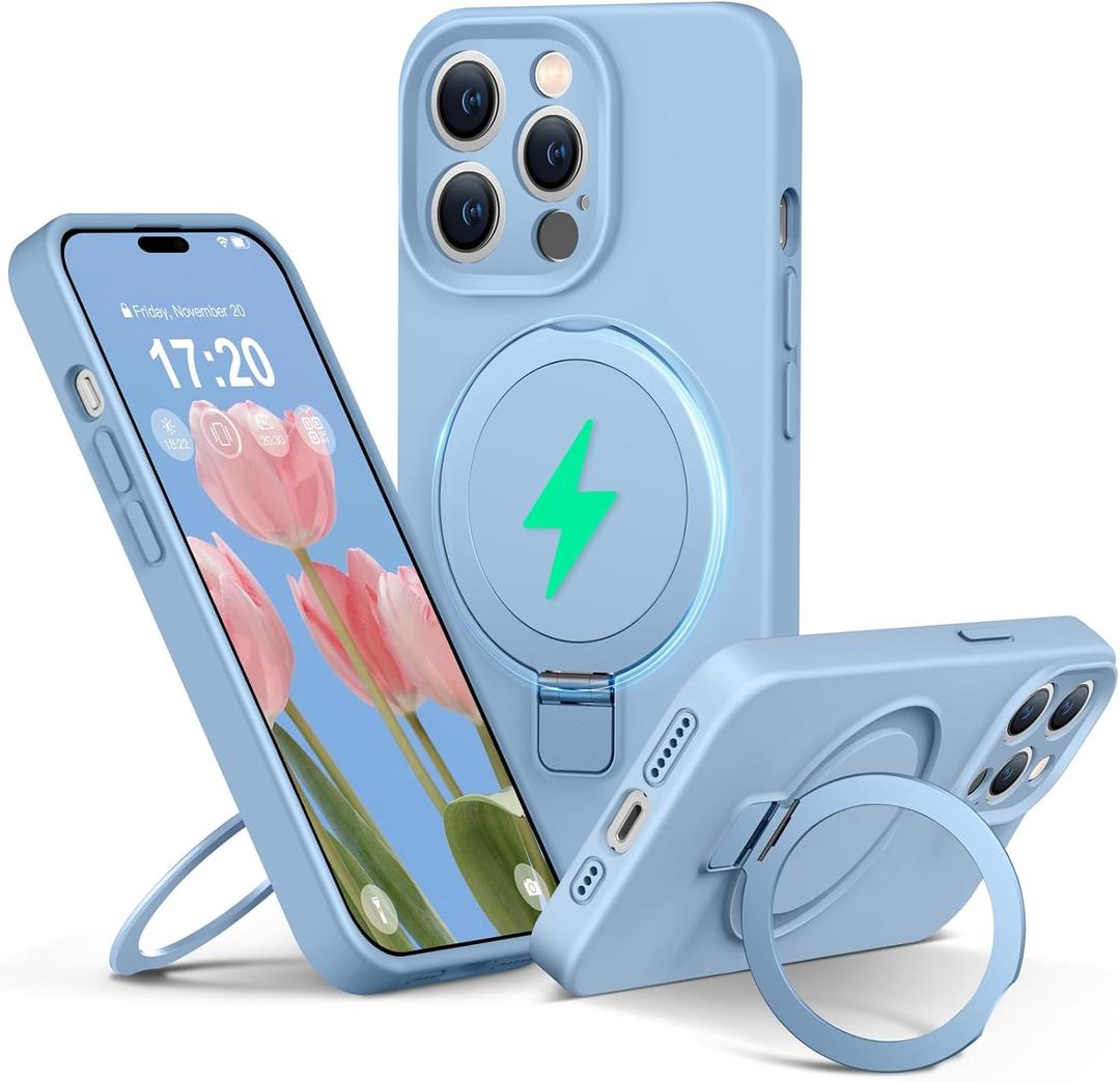 Liquid Silicone Case for iPhone 14 pro with Magnetic Ring Stand, Upgraded Camera Lens Protection, Mil-Grade Drop Shockproof, Anti-Scratch Microfiber Lining Silicone Case (Azure Blue)