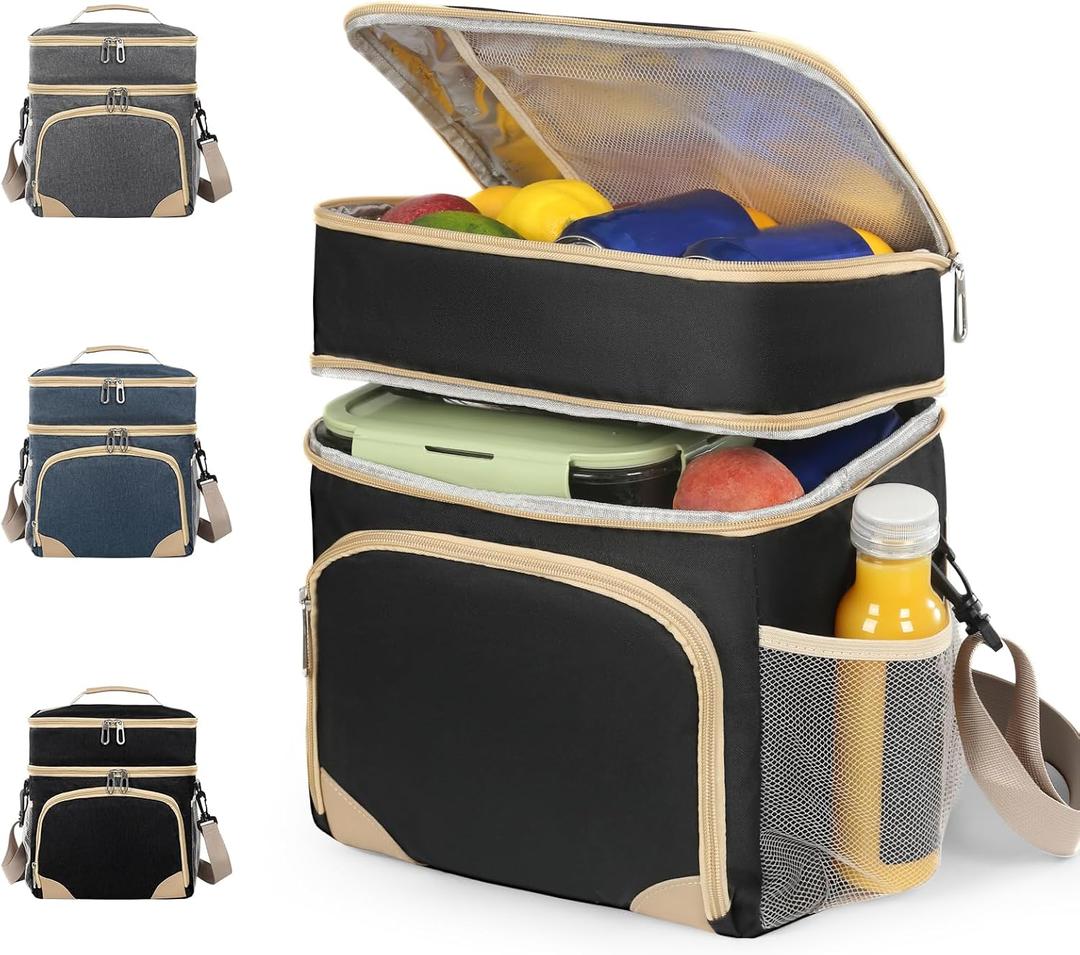 Lunch Box for Men Women Double Deck Large Insulated Lunch Bag for Men Waterproof Freezable Lunch Cooler Bag for Office Work Picnic with Adjustable Shoulder Strap Blue