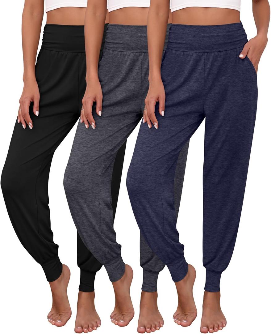 Ficerd 3 Pack Women's Lounge Pants, Cozy Yoga Joggers with Pockets High Waisted Workout Sweatpants Lightweight Comfy Pants (Medium, Black, Dark Heather Gray, Dark Blue)