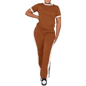 PINSV Women's 2 Piece Outfits Short Sleeve Tops Sweatpants Colorblock Bodycon Lounge Sets Tracksuit (X-Large, Brown)
