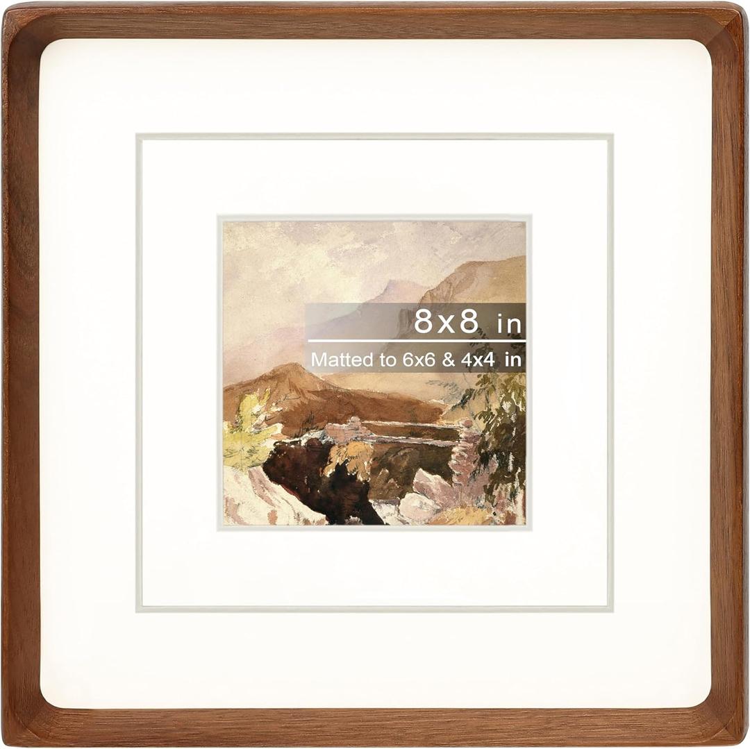 Square 8x8 Picture Frame with Mat for 4x4/6x6, Natural Walnut Wood Handcrafted Rounded Corner with Real Glass, Vertical or Horizontal Display Photo Gallery Wall & Tabletop Frame