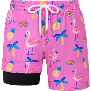 HASMES Boys Swim Trunks with Compression Liner Kids Bathing Suit Quick Dry Board Shorts Swimsuit for Teen 5-14Y (8-9 Years, Rose Red)