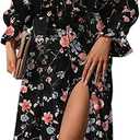 BLENCOT Womens Casual Square Neck Long Sleeve Boho Floral Midi Dress Print Side Split Dresses L/XL