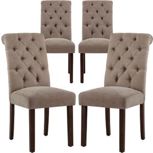 COLAMY Button Tufted Dining Chairs Set of 4, Parsons Upholstered Fabric Dining Room Chairs Kitchen Chairs with Wood Legs and Padded Seat, Taupe