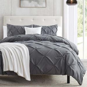 Nestl Dark Grey Duvet Cover King Size - Soft Double Brushed Duvet Set with Button Closure & Corner Ties, 3 Piece Luxurious Pinch Pleated Duvet Cover Set 104x90 Inches with 2 Pillow Shams