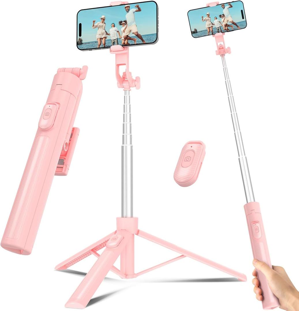 Selfie Stick Travel Tripod for Cell Phone with Remote Control and Phone Holder, Extendable Selfie Stick for iPhone, iPhone Tripod for Video Recording, 63 Inch, Pink