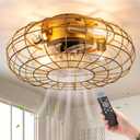 Ceiling Fan with Lights, 16 Inch Caged Ceiling Fan Lights Remote Control Small Industrial Ceiling Fan Light Fixture Flush Mount Farmhouse Light 8 Speeds Bladeless Lights for Bedroom Kitchen