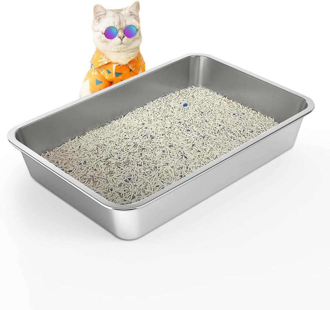 WENBOKMIN Stainless Steel Cat Litter Box, 4in Shallow Litter Box for Senior Cats and Kittens, Large Metal Litter Pan Nonstick Odor Control Anti-Corrosion