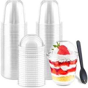 Zezzxu 50 Pack 10 oz Plastic Dessert Cups with Dome Lids (No Hole) and Sporks, Clear Disposable Fruit Cups with Lids for Yogurt Parfait Ice Creams Pudding Cakes