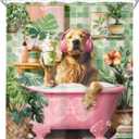 Riyidecor Funny Dog Shower Curtain,Kids Cute Fun Pet in Bathtub,Tropical Leaves Palm Leaf Plant Greenery Hilarious Bubbles Bathroom Decor Fabric Polyester Waterproof 12 Pack Hooks 60Wx72H Inch
